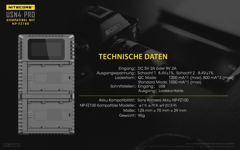 Nitecore USN4-PRO Dual-Ladegerät f. Sony NP-FZ100 6952506492701