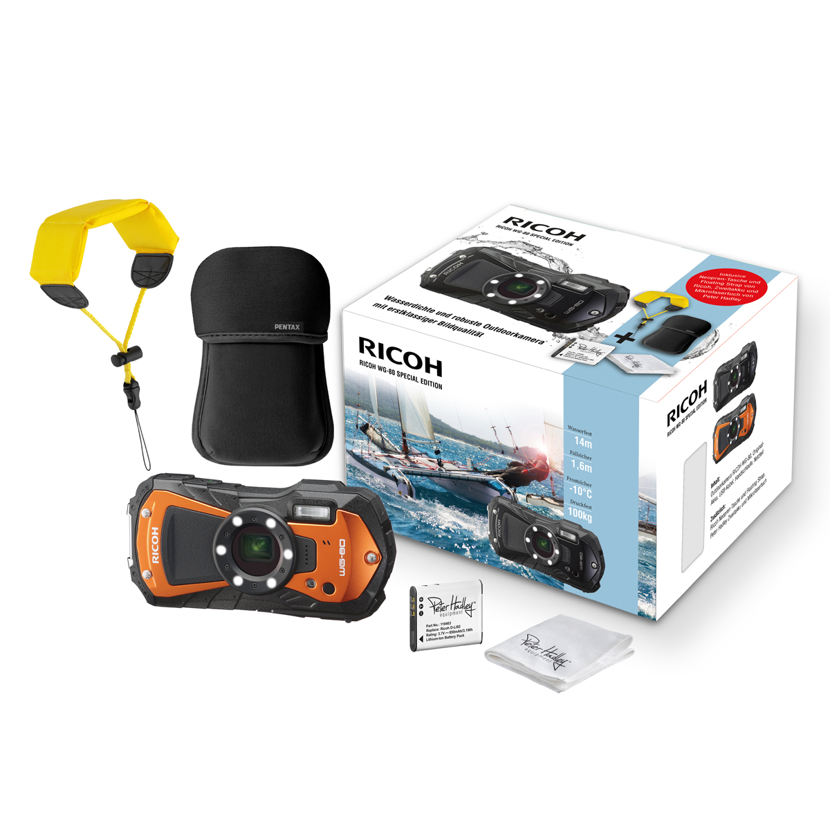 Ricoh WG-80 Special Edition orange inkl. Neoprencase/Strap+PH D-LI92 Akku/Tuch 4002451007443