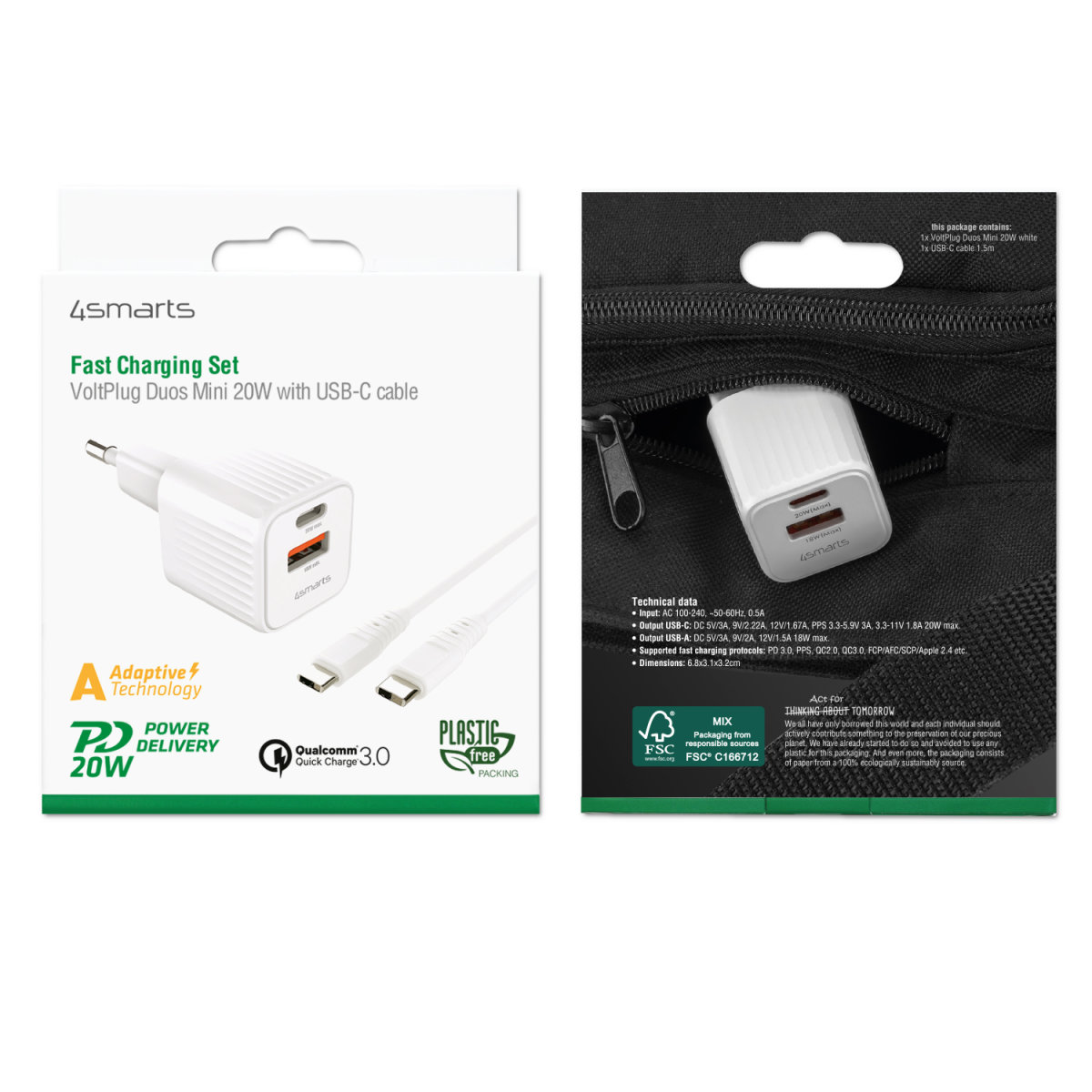 4smarts VoltPlug Duos Mini PD weiß mit USB-C Kabel 1,5 m 20W 4252011903382