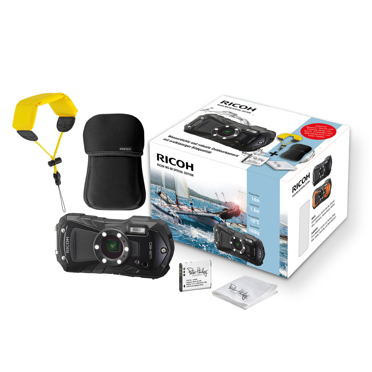 Ricoh WG-80 Special Edition schwarz inkl Neoprencase/Strap+PH D-LI92 Akku/Tuch 4002451007436
