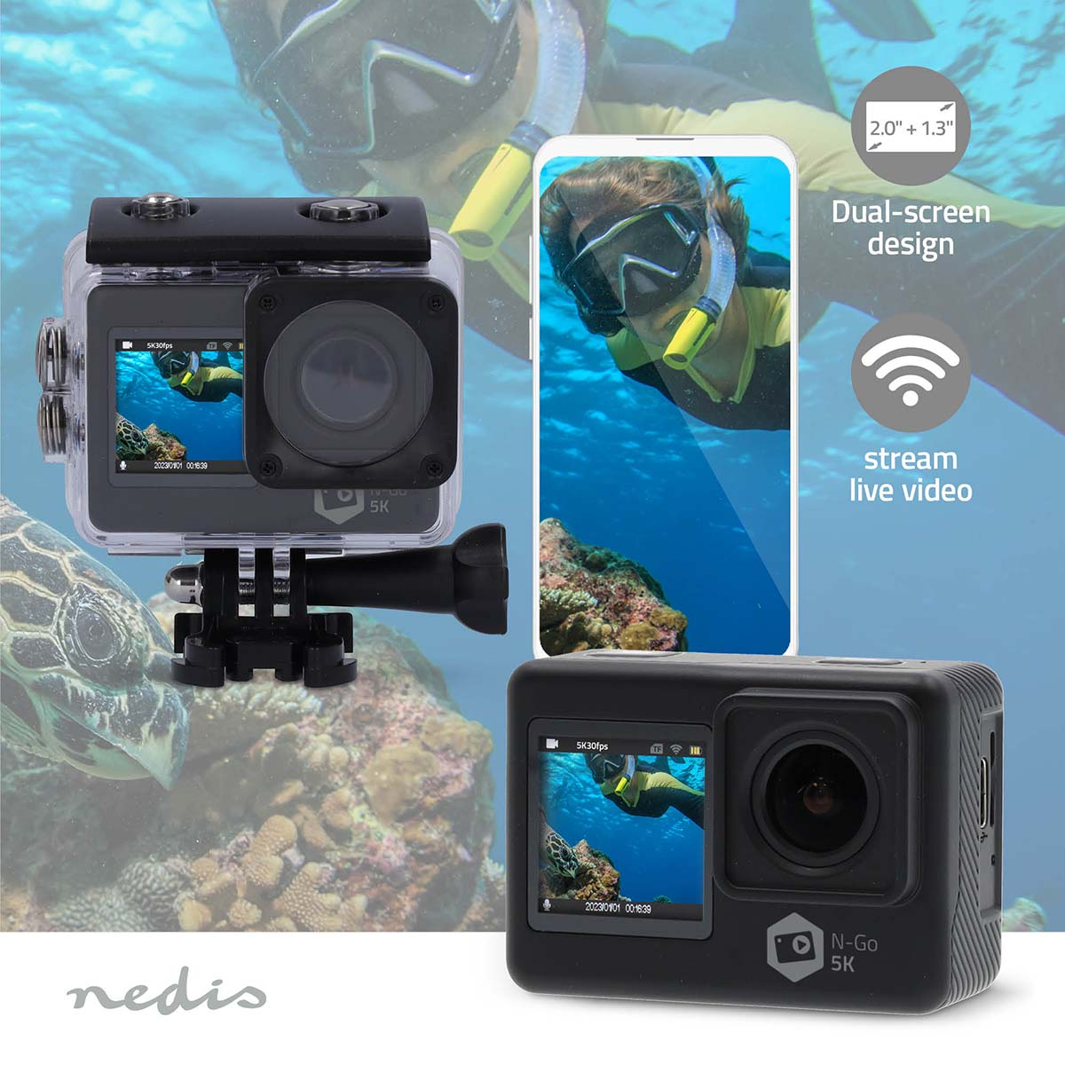 Nedis 5K Dual-Screen HD-Actioncam schwarz